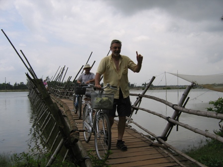 Jens Erik on an exciting bamboo bridge